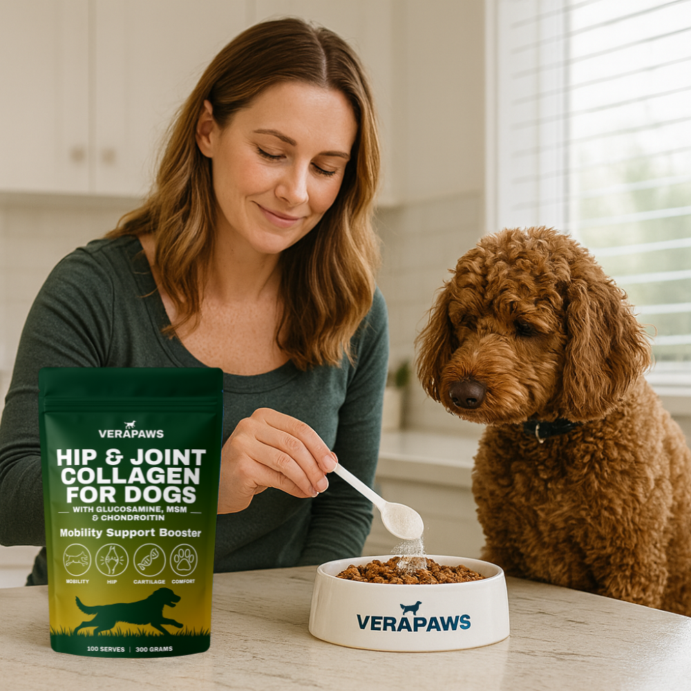 Woman spooning Verapaws hip and joint collagen for dogs into a bowl with a dog sitting next to her.