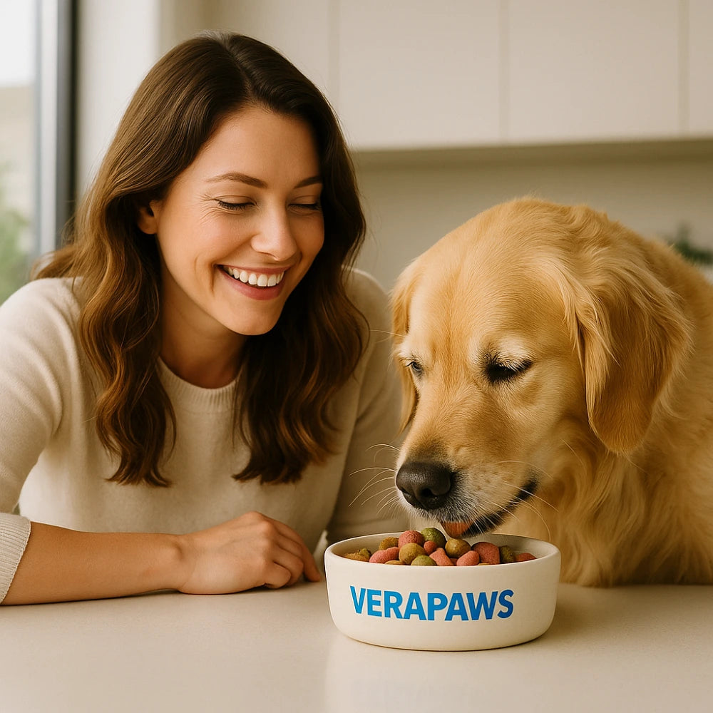 Mel with Toby Verapaws showing how tasty the bacon flavour is in Collagen For Dogs.