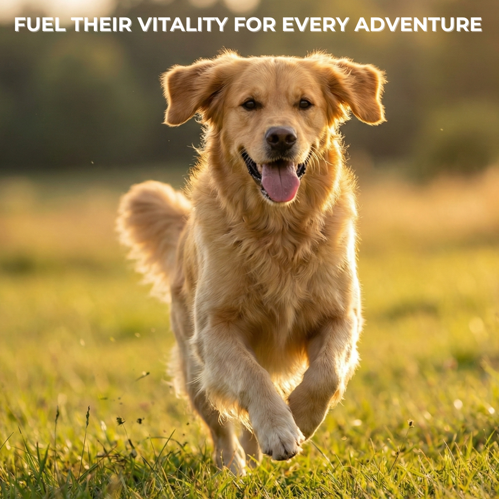 Dog running on grass with text 'Fuel their vitality for every adventure'