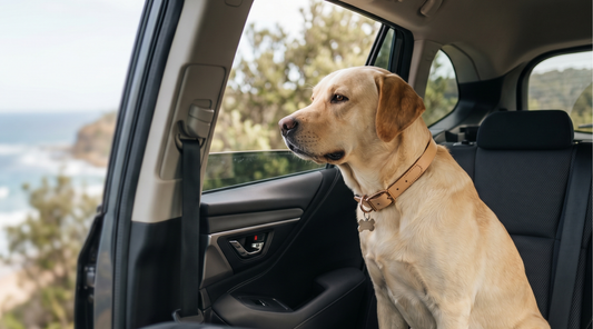 Labrador sitting safely inside a car with its head near an open window during a relaxed outdoor day trip.