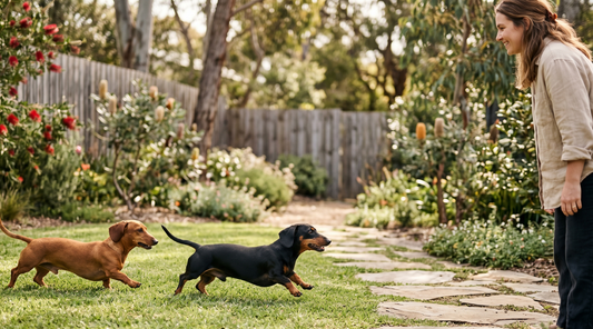 Two healthy duschunds moving confidently across a clean backyard