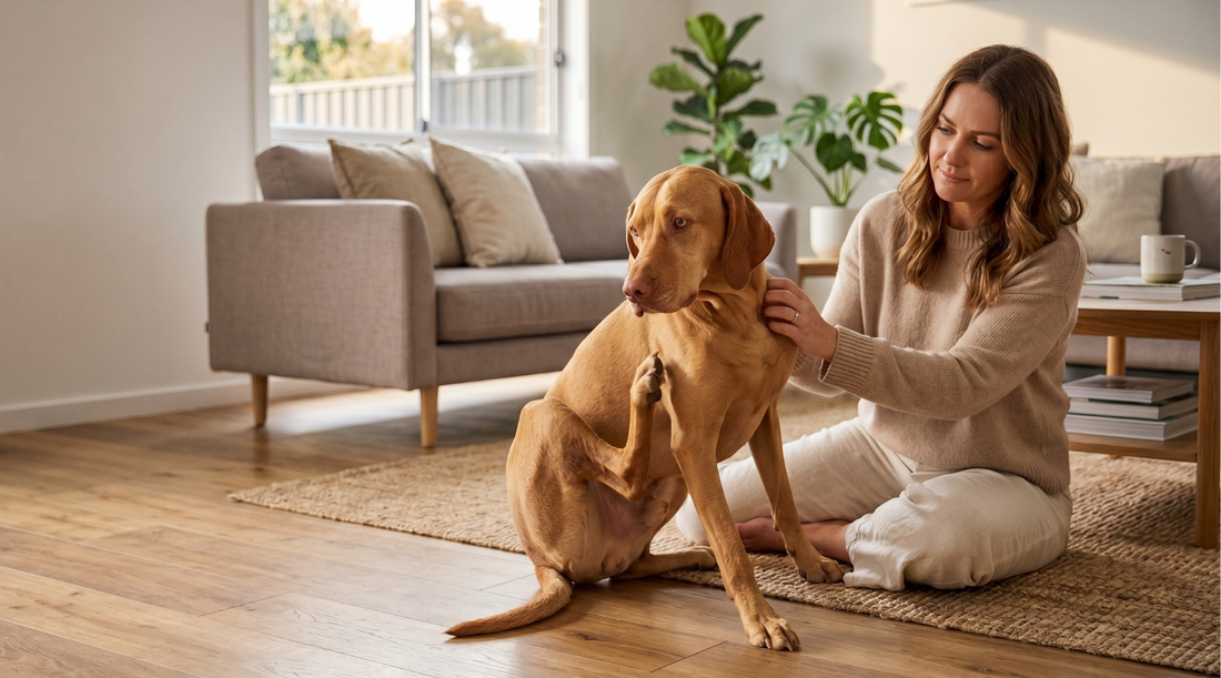Dog scratching an itch and owner sitting on the floor comforting dog. 
