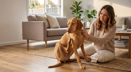 Dog scratching an itch and owner sitting on the floor comforting dog. 