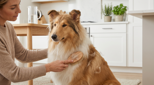 Dog being gently brushed by its owner in a bright modern home, with loose fur visible in the grooming brush.