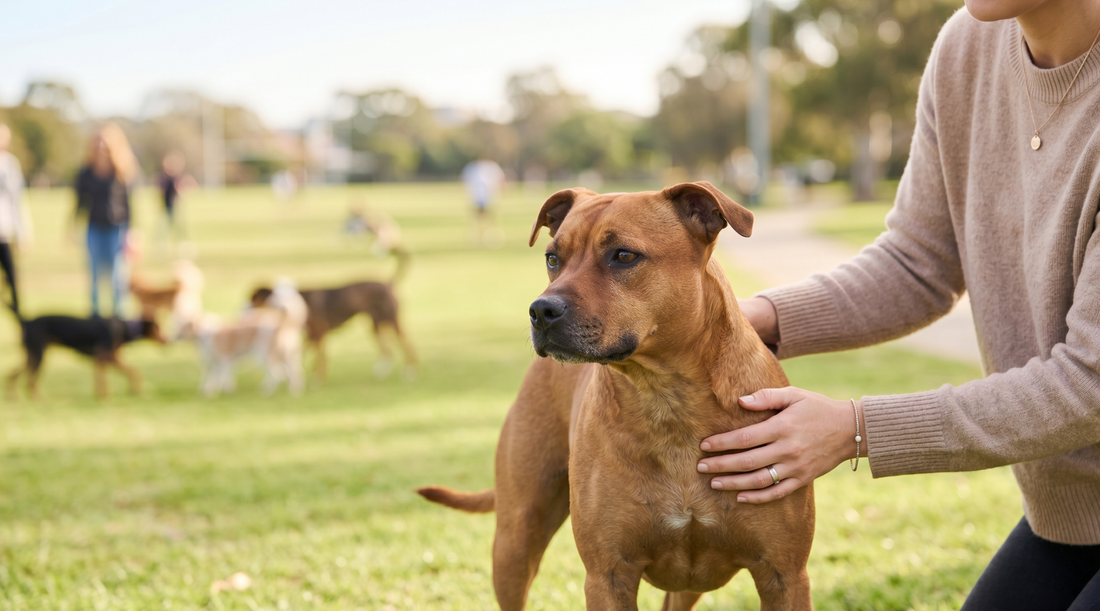 Dog with a slightly dull coat standing calmly beside its owner in a bright modern home.