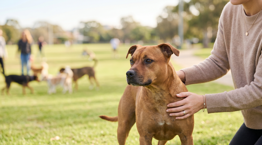 Dog with a slightly dull coat standing calmly beside its owner in a bright modern home.