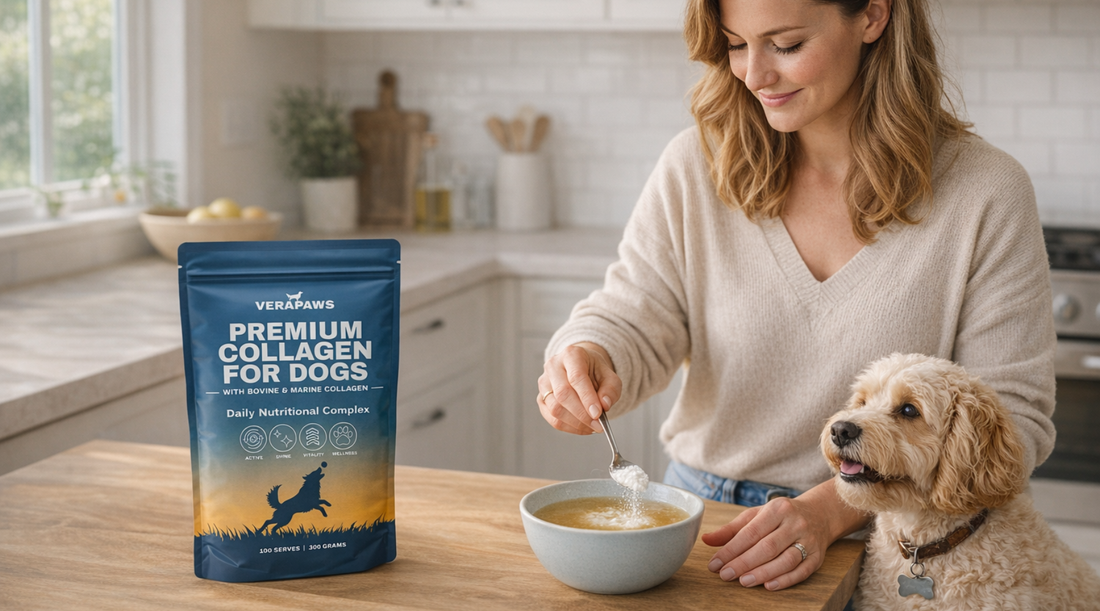 Owner feeding dog Verapaws Premium Collagen For Dogs into bone broth. 