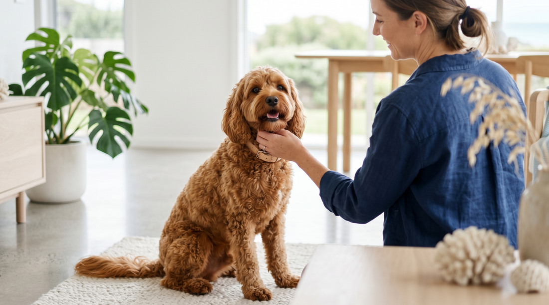 Healthy dog with a glossy coat beside its owner in a bright modern interior with a calm editorial feel.