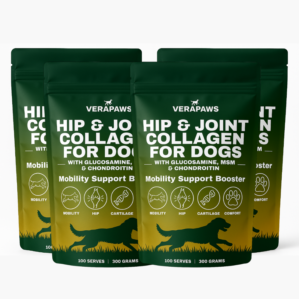 Four pouches of Verapaws Hip & Joint Collagen for Dogs powder