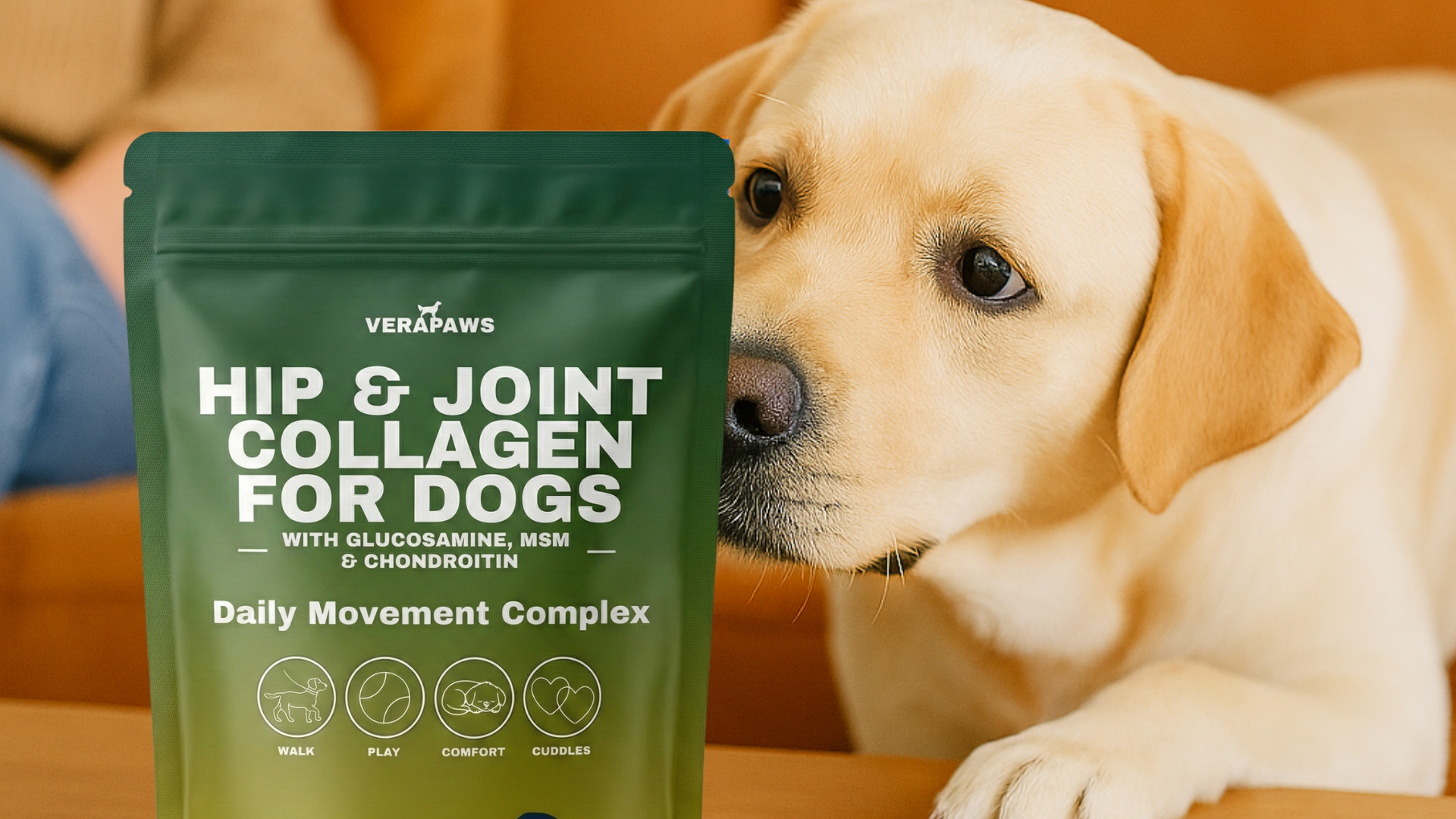 Dog supplement package for hip and joint health next to a dog