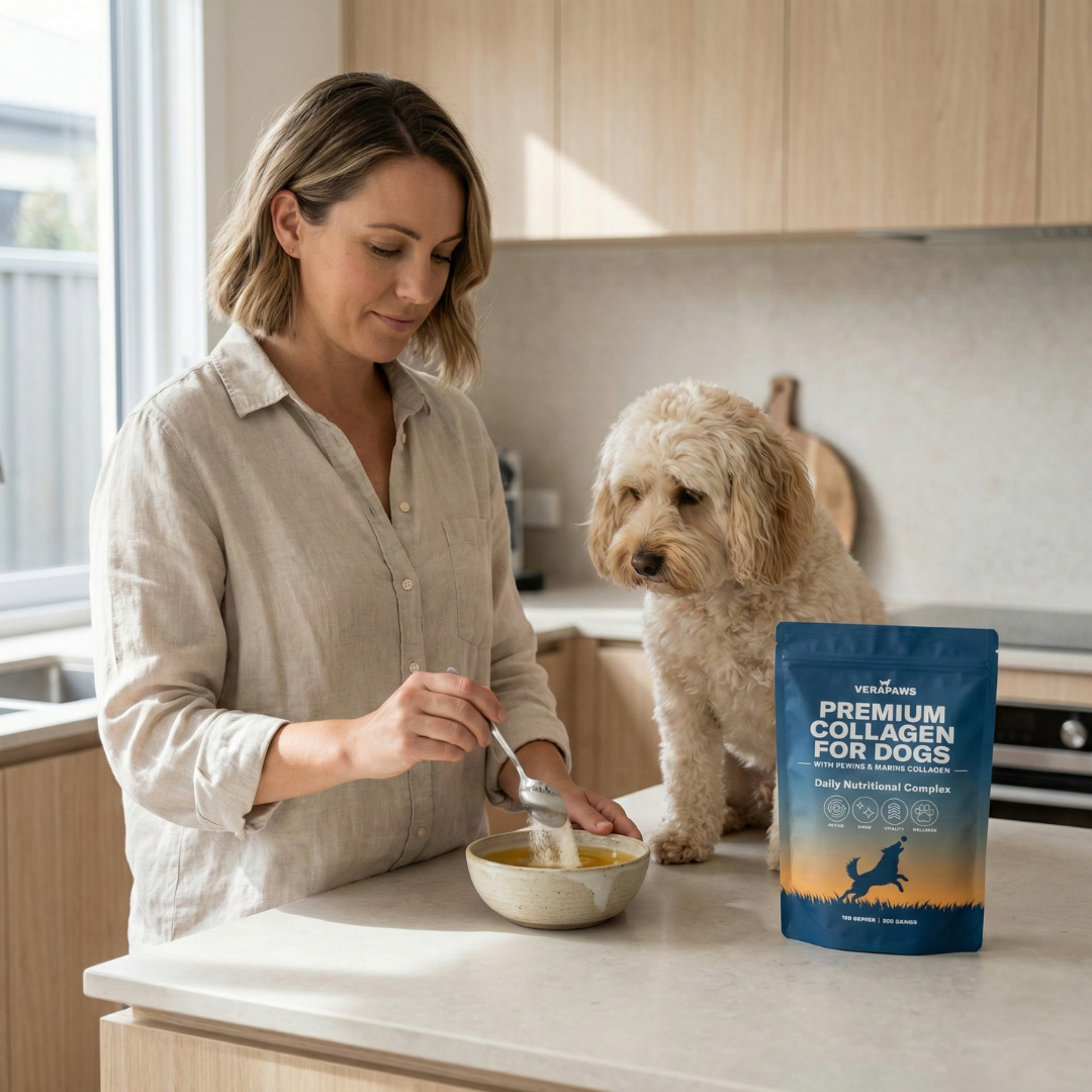 Woman preparing a bowl of food for her dog in a kitchen, with a package of premium collagen for dogs on the counter.