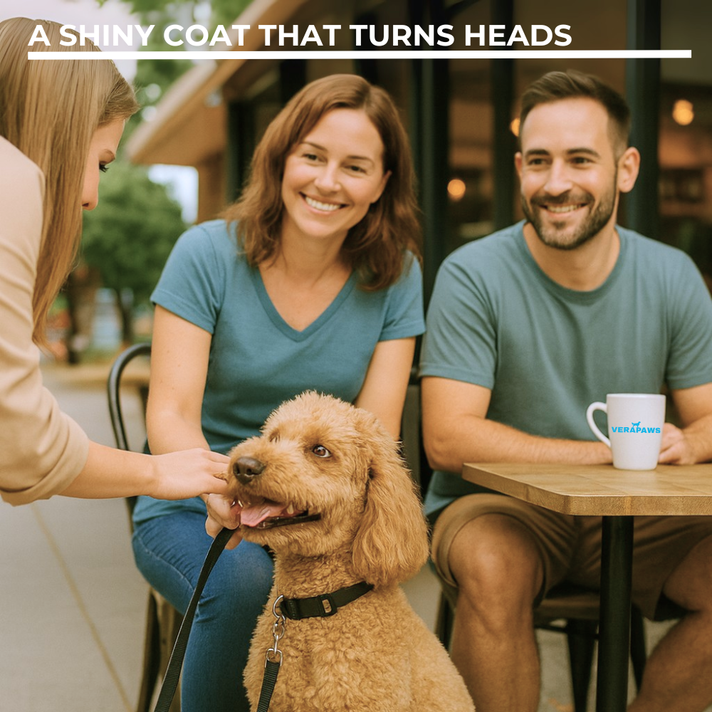 Couple holding a dog on a leash at a table and a bystander patting the dog with text "A Shiny Coat That Turns Heads"