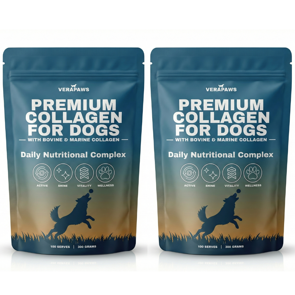 Two packages of VeraPaws Premium Collagen for Dogs on a white background