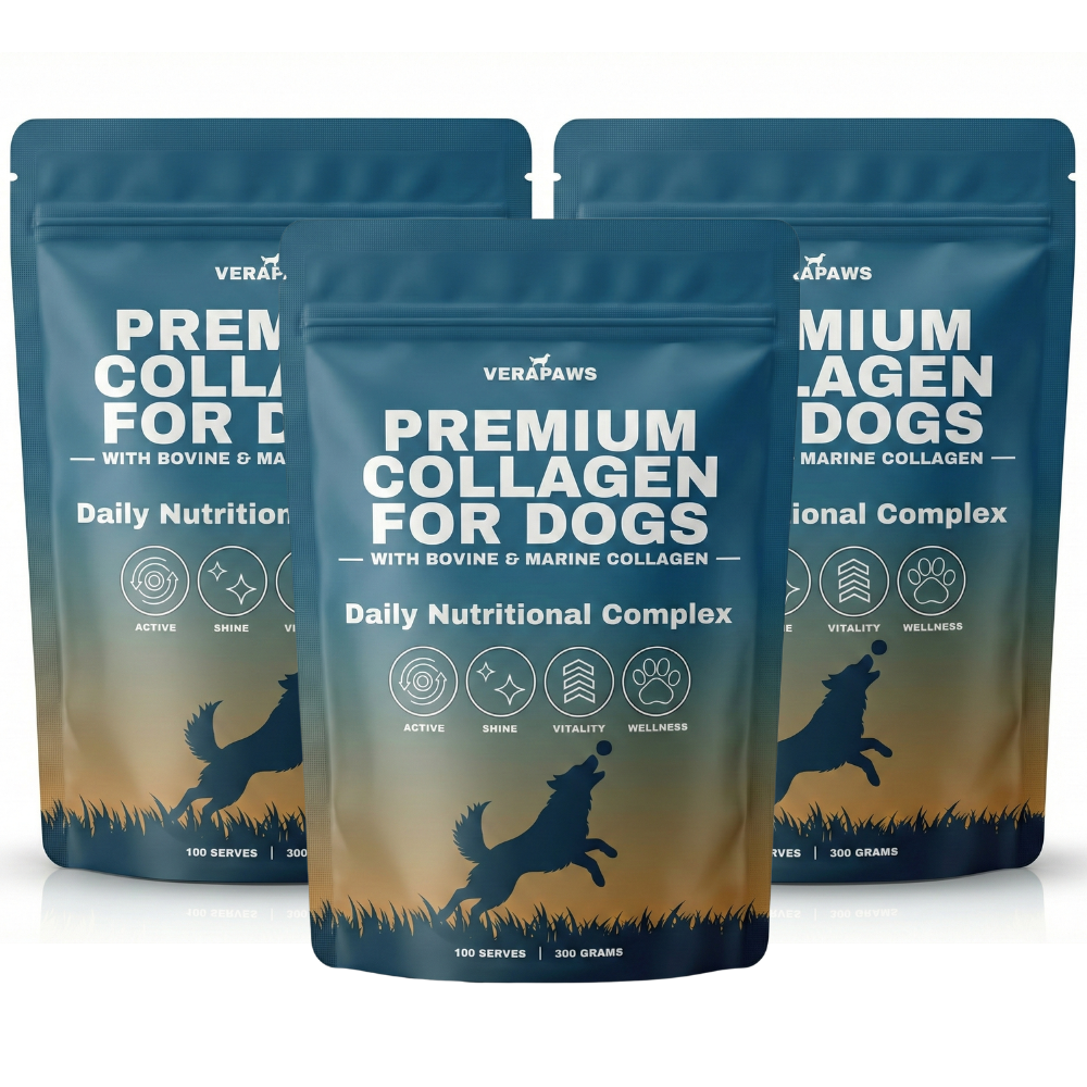 Three packages of Verapaws Premium Collagen for Dogs on a white background
