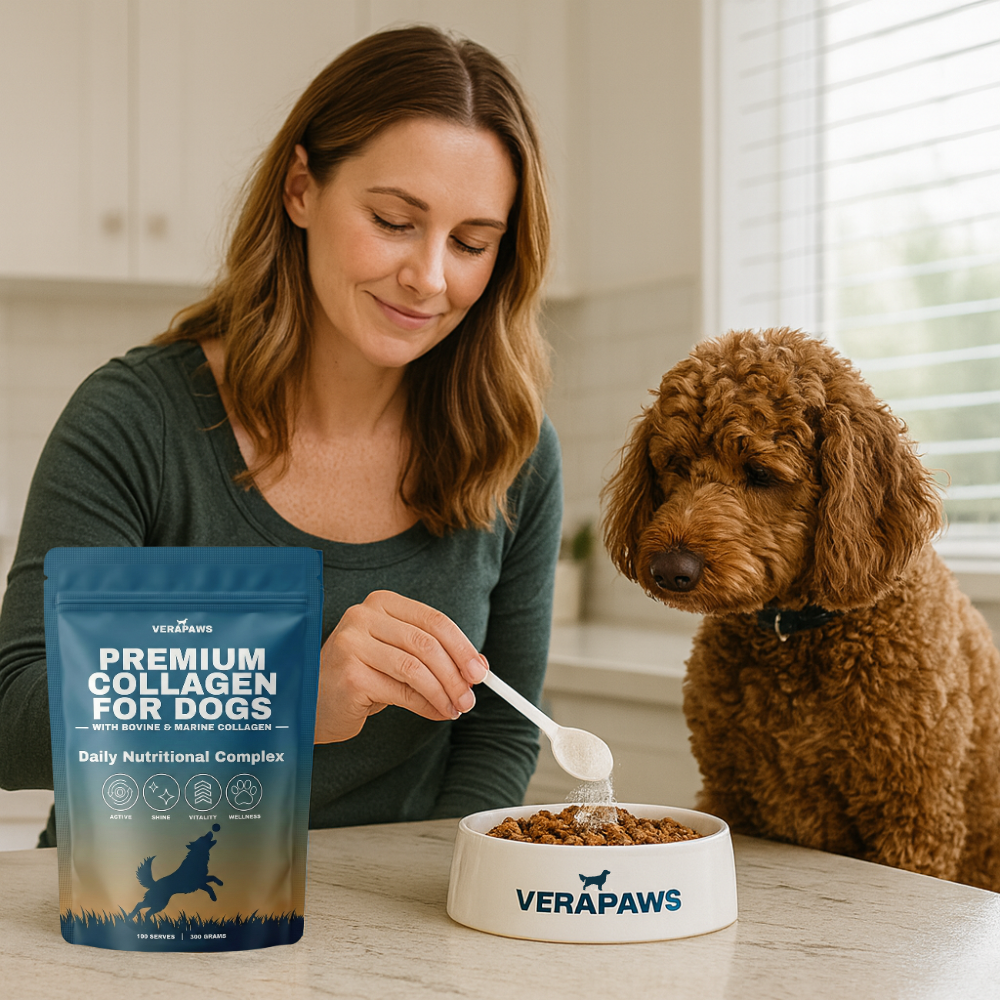 Woman feeding a dog from a bowl with Verapaws Premium Collagen for Dogs packaging on a kitchen counter.