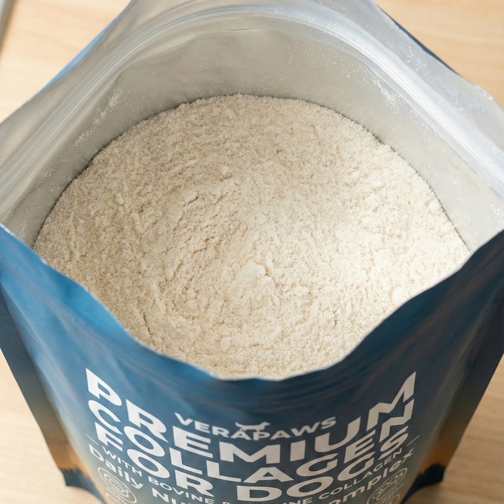 Bag of premium collagens for dogs with visible text on a wooden surface