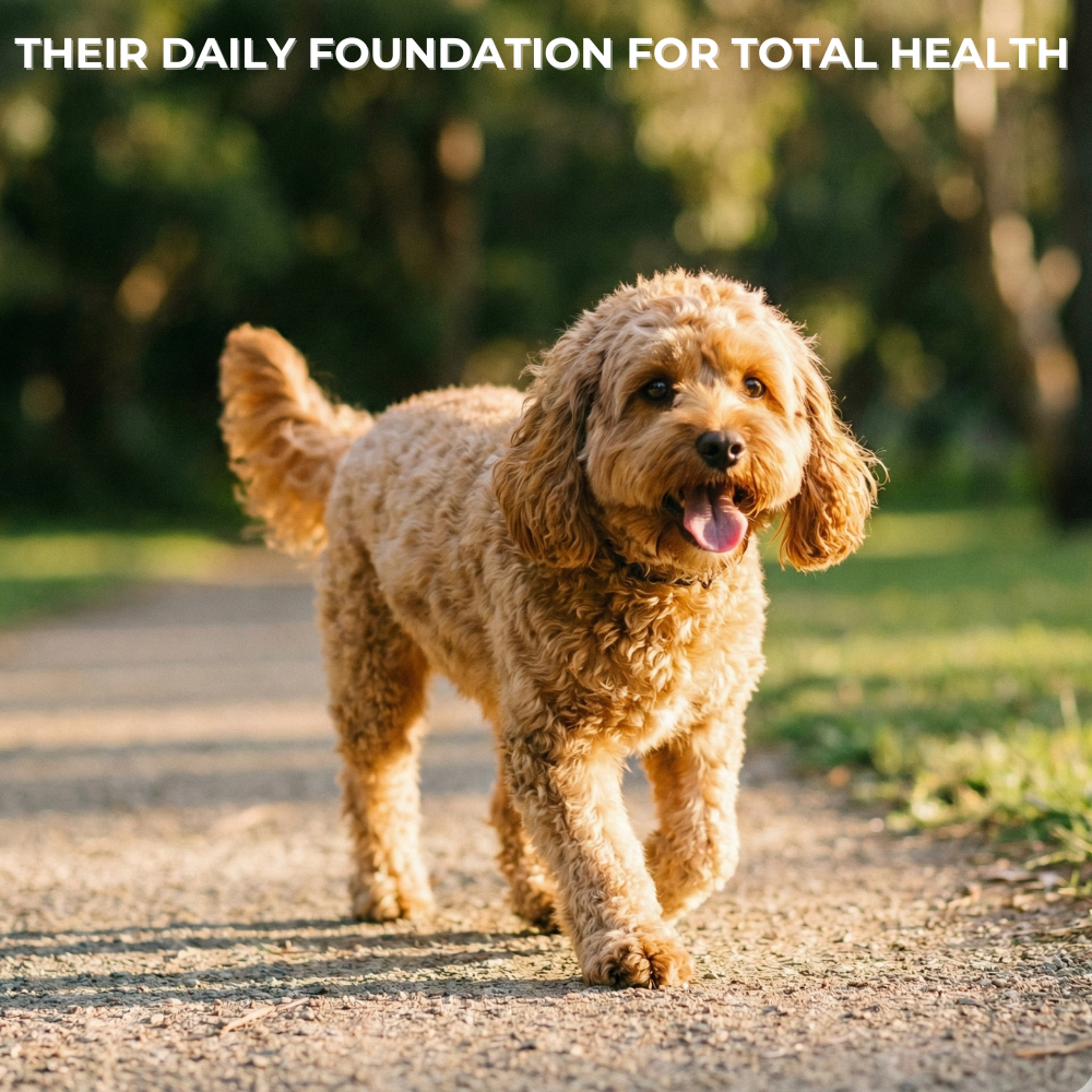 Dog walking on a path with text about daily health foundation