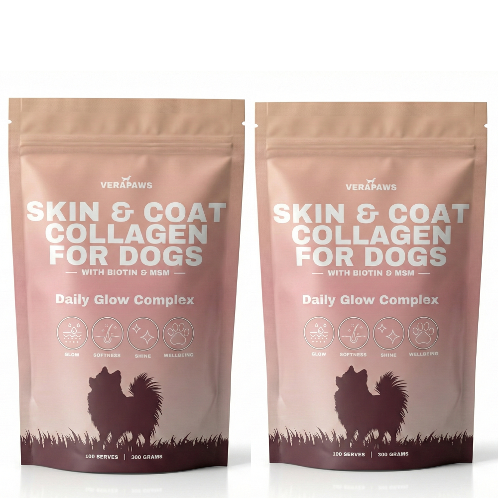 Two packages of Verapaws Skin & Coat Collagen for Dogs on a white background