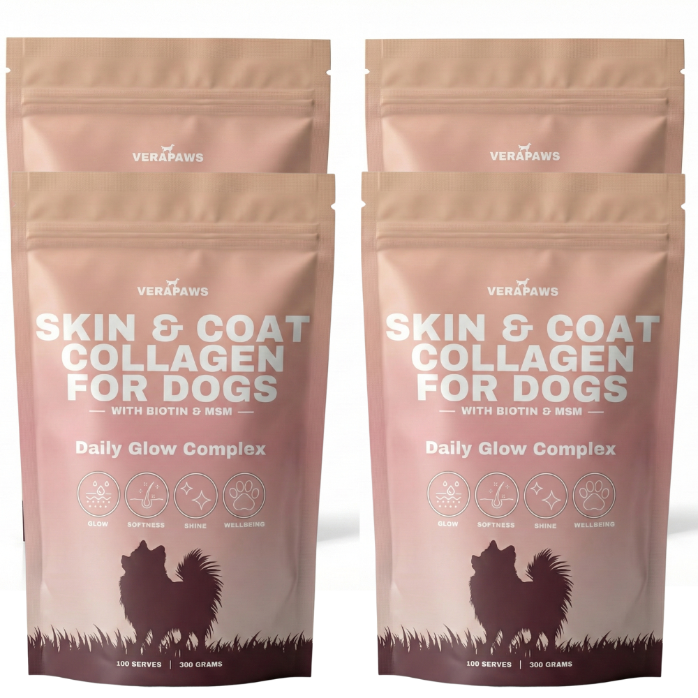 Two packages of Verapaws Skin & Coat Collagen for Dogs on a white background