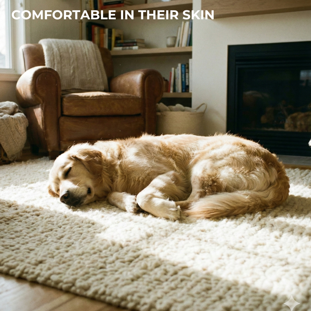 Dog lying on a carpeted floor in a cozy living room with a fireplace and armchair.