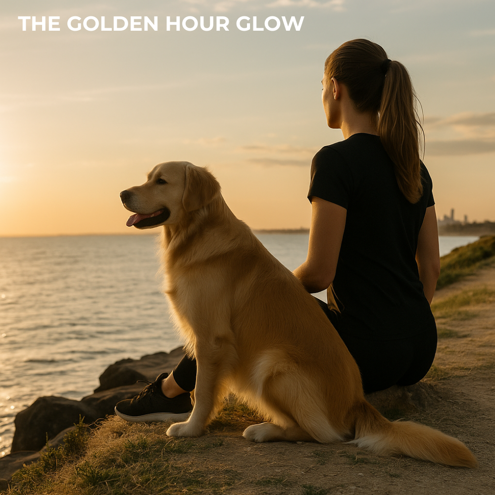 Woman and dog sitting together on a beach at sunset with 'The Golden Hour Glow' text.