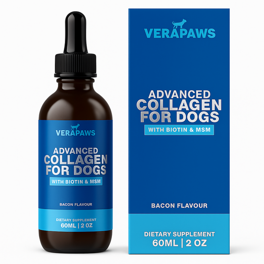 Verapaws Advanced Collagen for Dogs liquid bottle and packaging on a white background