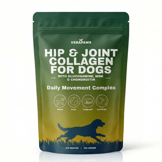 Green package of Verapaws Hip & Joint Collagen for Dogs on a white background