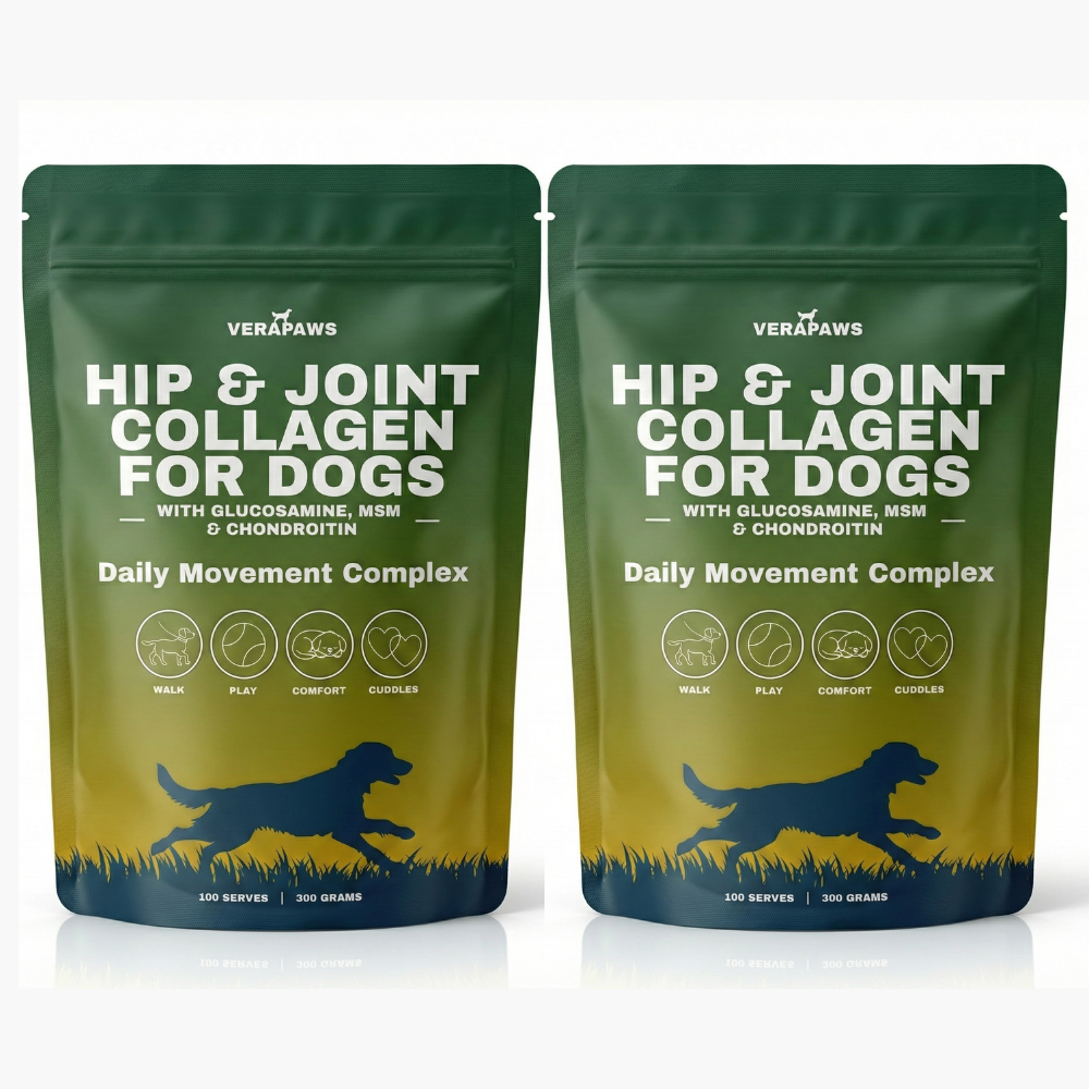 Two packages of Verapaws Hip & Joint Collagen for Dogs on a white background