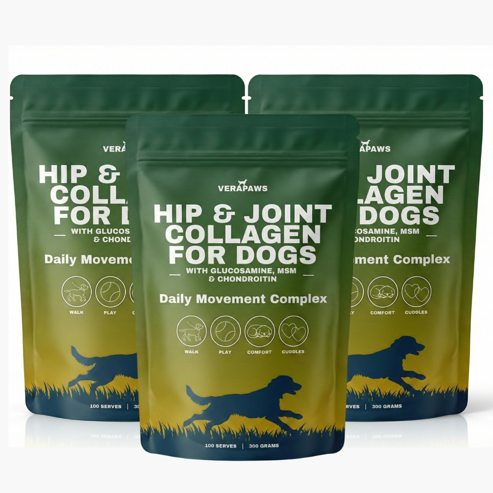Three packages of VeraPaws Hip & Joint Collagen for Dogs on a white background
