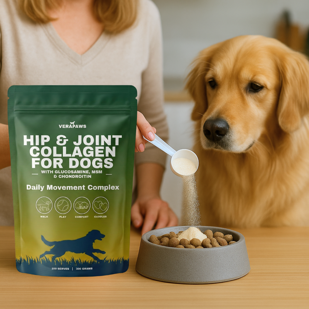 Verapaws Hip & Joint Collagen for Dogs packaging with a dog and bowl of food on a table.