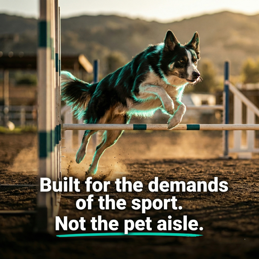 Dog leaping over an obstacle with text 'Built for the demands of the sport. Not the pet aisle.'