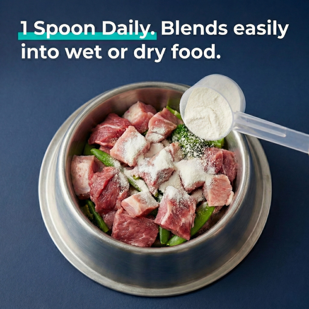 Bowl of dog food with a scoop of powder and text about daily intake.
