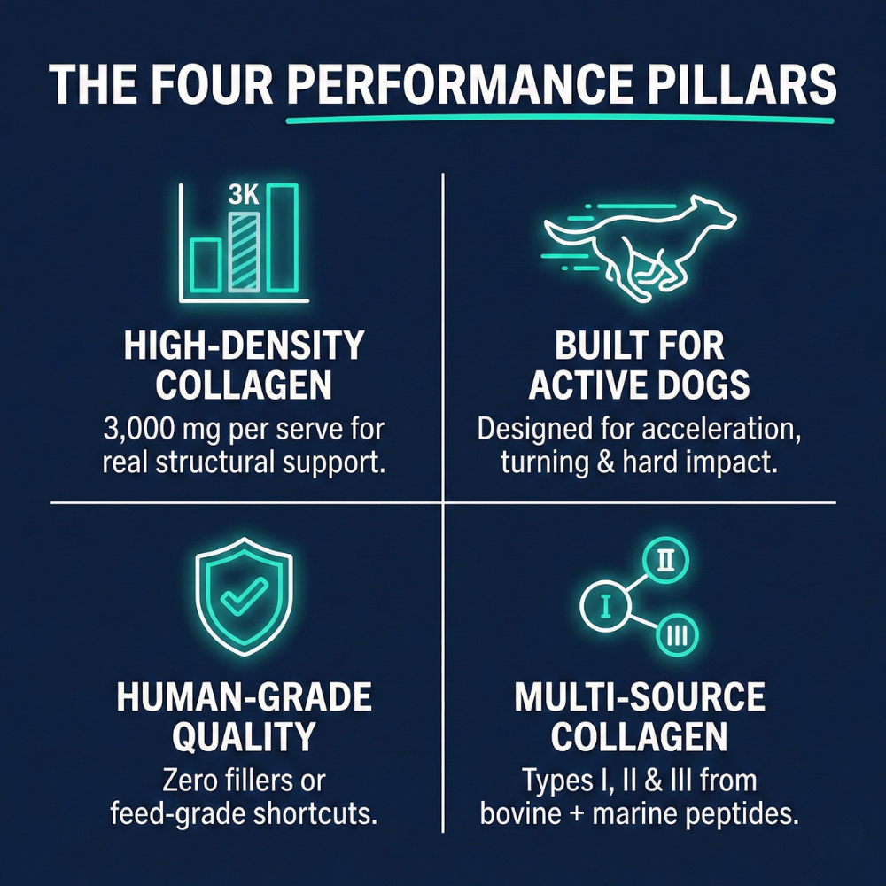 Four performance pillars of a product on a dark blue background