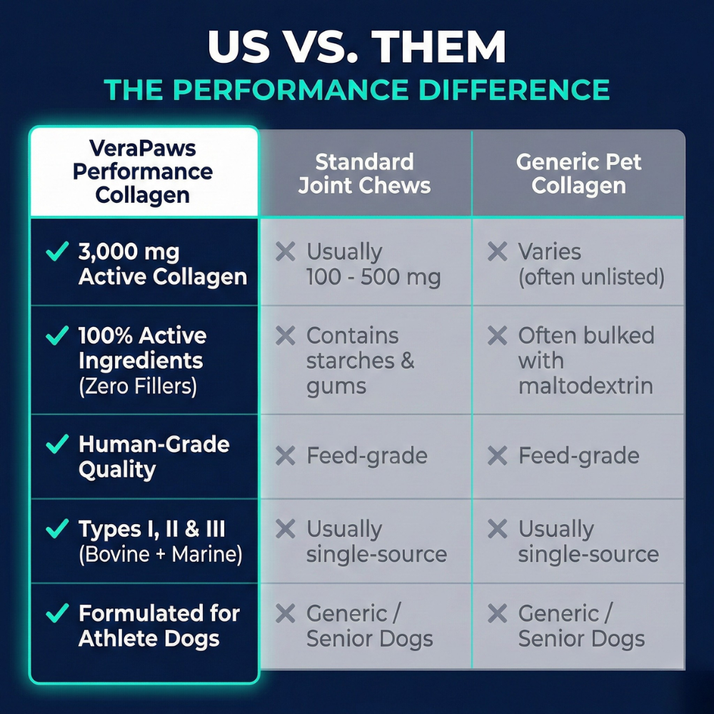 Comparison chart of VeraPaws Performance Collagen versus standard joint chews and generic pet collagen.