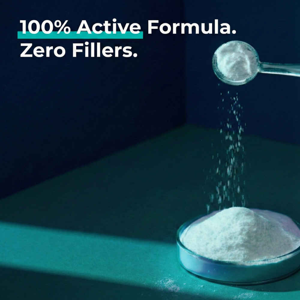 Powder being poured from a scoop into a dish with text '100% Active Formula. Zero Fillers.'