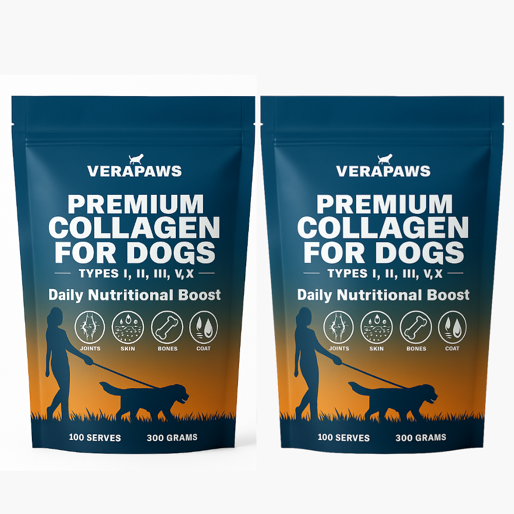 Two pouches of Verapaws Premium Collagen for Dogs on a white background