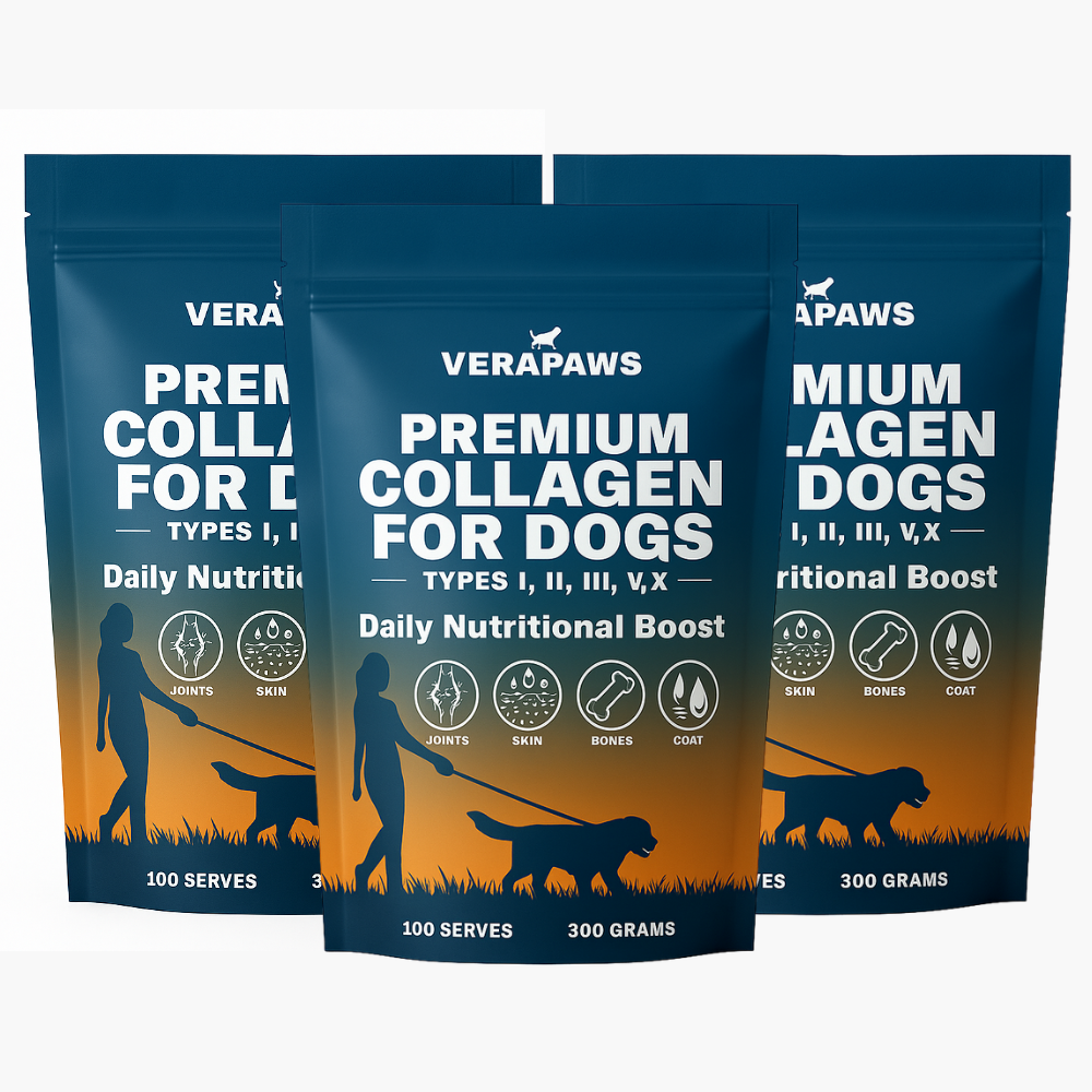 Three pouches of Verapaws Premium Collagen for Dogs on a white background