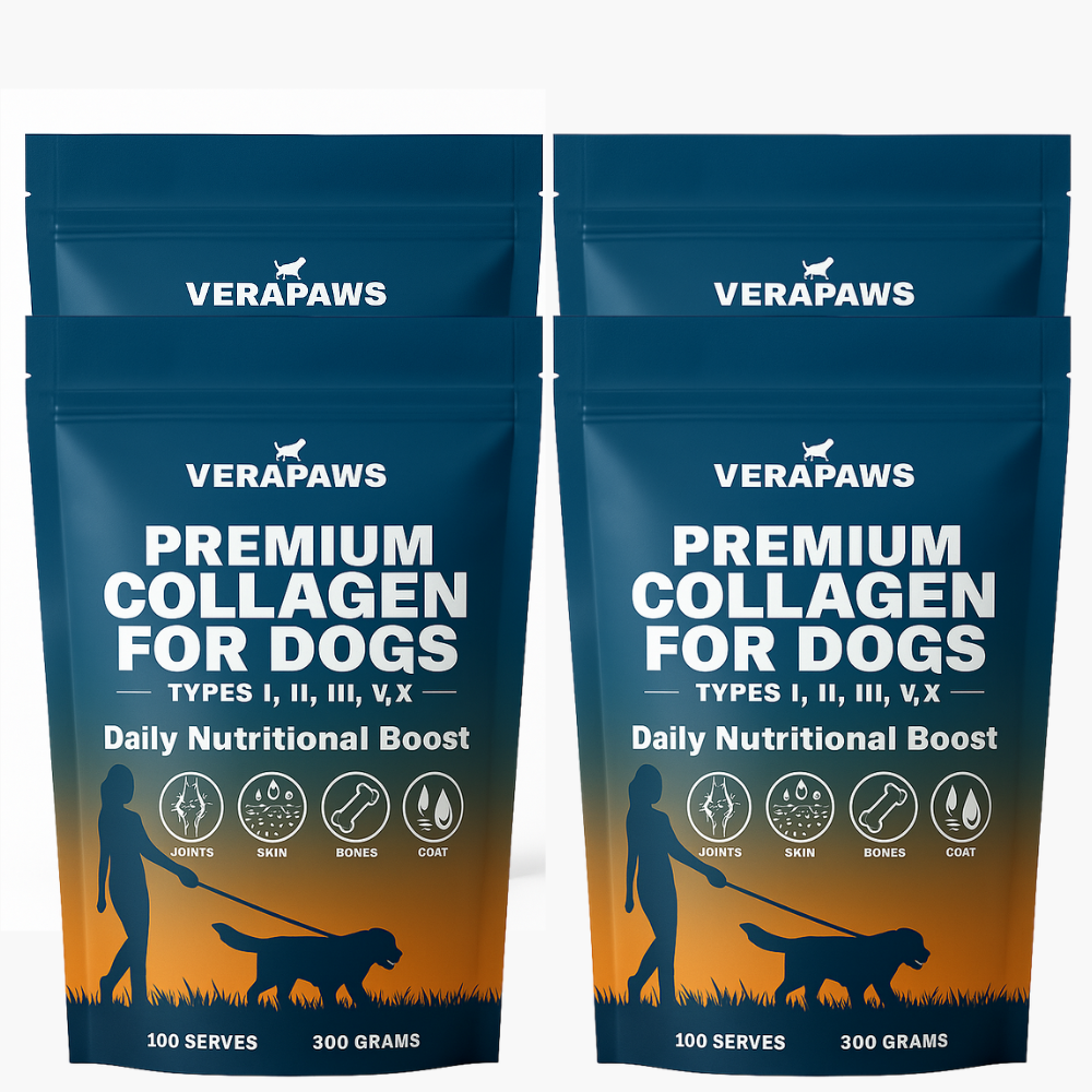 Four pouches of Verapaws Premium Collagen for Dogs on a white background